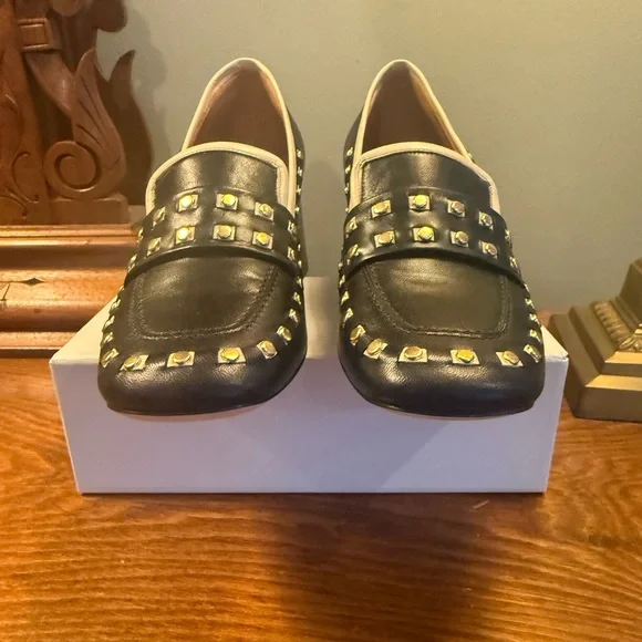 Tory Burch Perfect Black/Dulce De Leche Leather Studded Loafer Heel Size 5 $350 - Picture 6 of 14